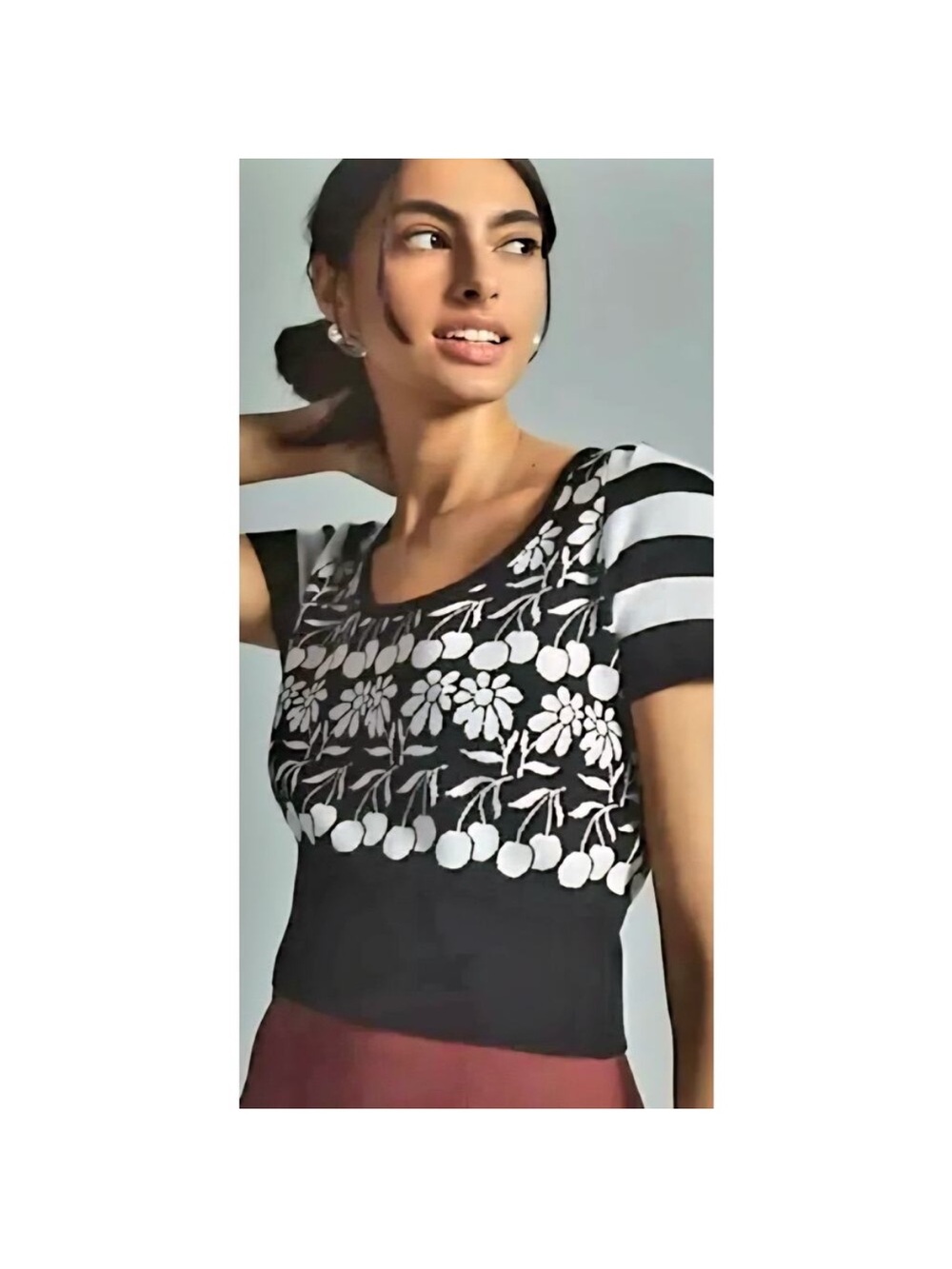 anthropologie Maeve Womens Trixie crop Sweater Blk Wht Cherries